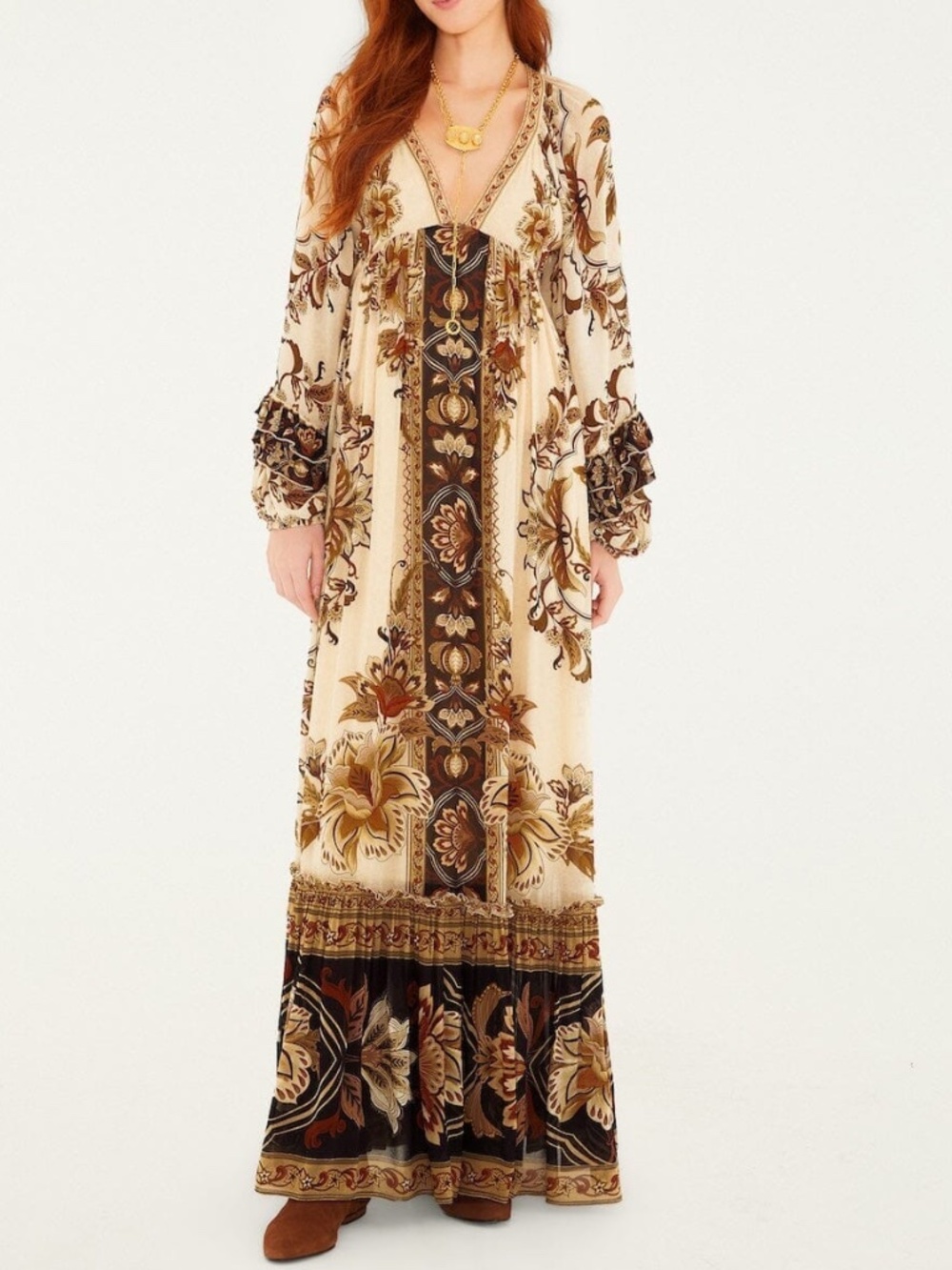 Farm Rio Majestic Garden Ruffled Ruffle Sand Maxi Dress Tan Brown W/ Tags SMALL